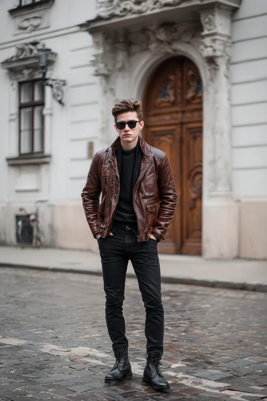 Brown Leather Jacket Outfit — Mens Street Style with Black Denim & Boots