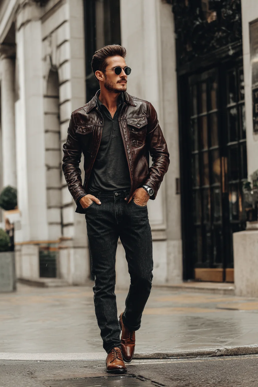 Brown Leather Jacket with Black Jeans and Polished Boots — Modern Smart Casual
