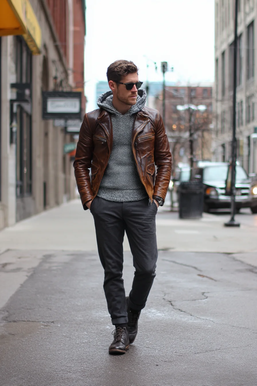 Brown Leather Jacket with Grey Knit Hoodie — Modern Mens Street Style
