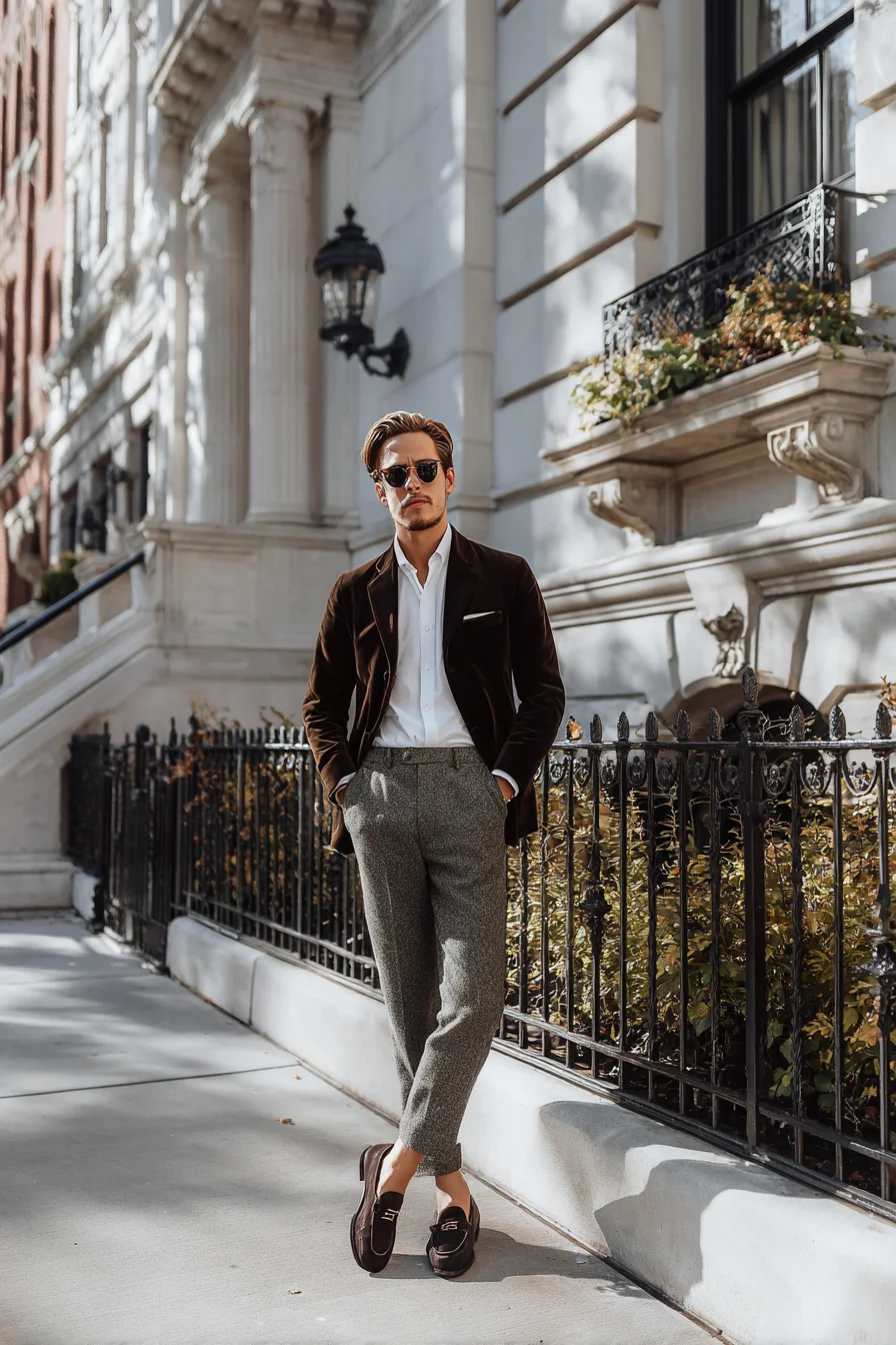 Brown Velvet Blazer with Tweed Trousers — Modern Smart-Casual Mens Outfit