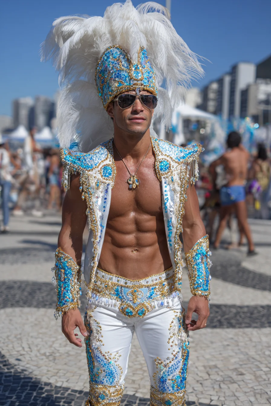 Carnival-Ready Mens Costume: White, Blue & Gold Embellished Festival Look