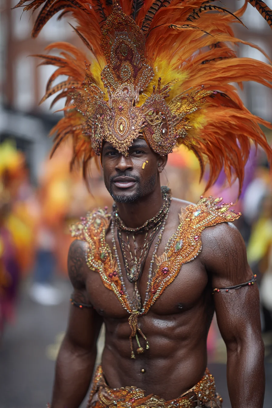 Carnival-Ready Mens Look — Feathered Headdress & Embellished Harness