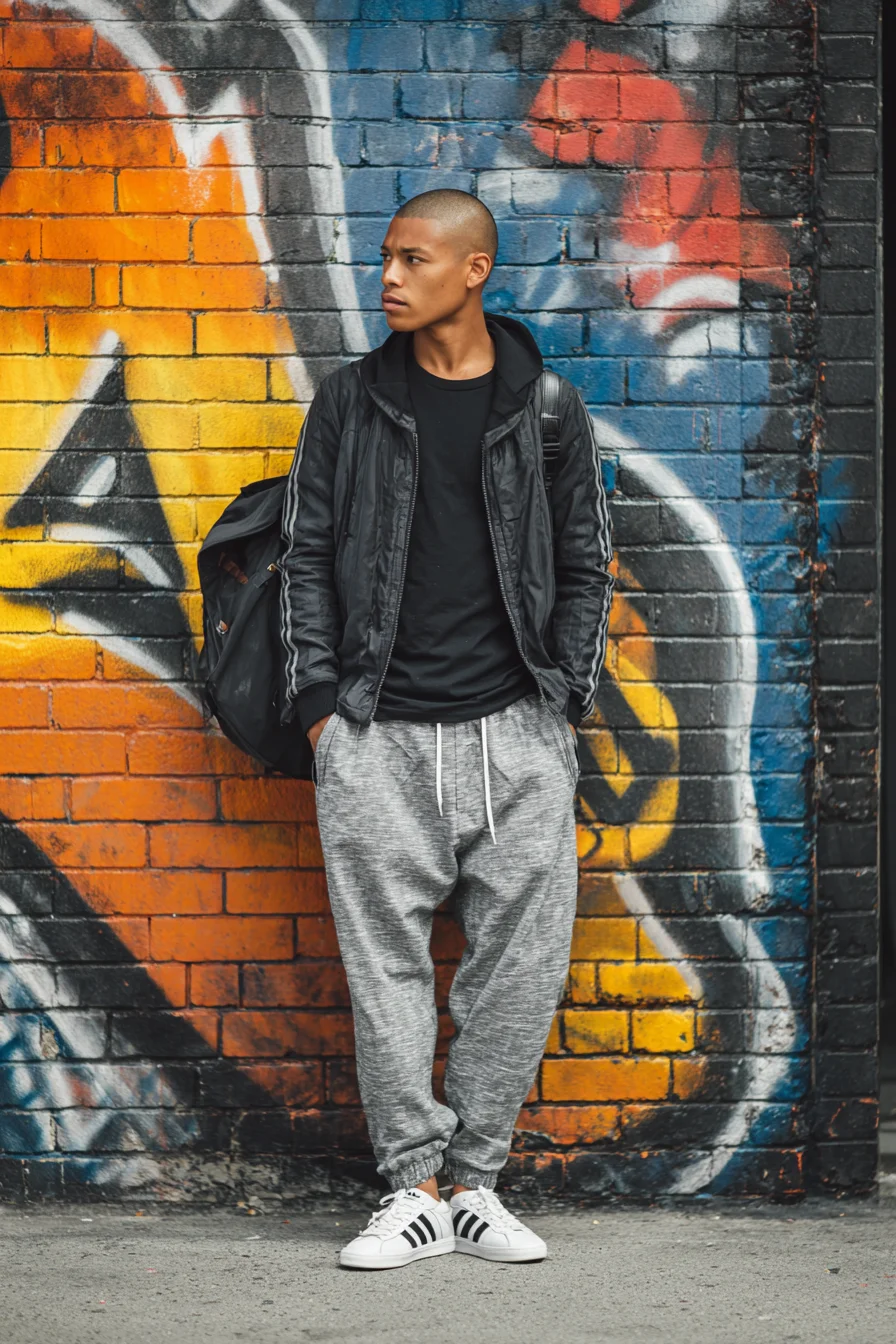 Casual Athleisure: Black Bomber, Grey Joggers & Classic White Sneakers