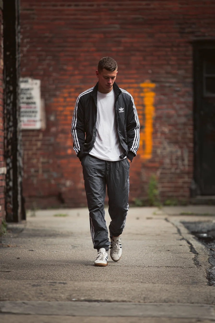 Casual Athletic Streetwear: Classic Tracksuit, White Tee & Retro Sneakers