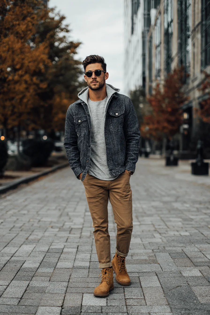 Casual Fall Mens Outfit: Layered Grey Jacket, Tan Chinos & Rugged Boots