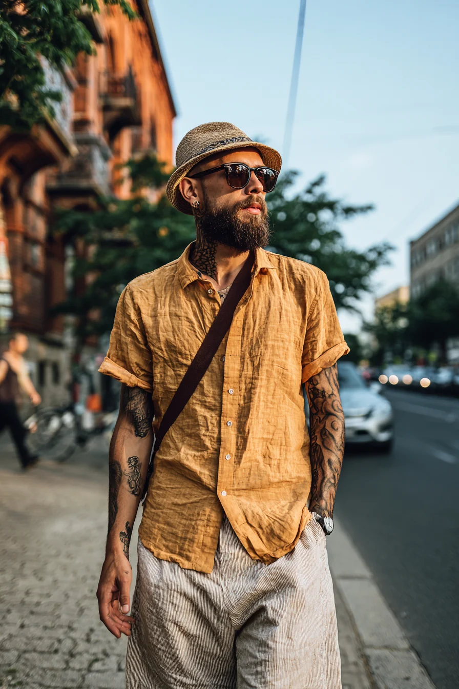 Casual Linen Summer Look for Men — Straw Hat, Sunglasses & Relaxed Trousers