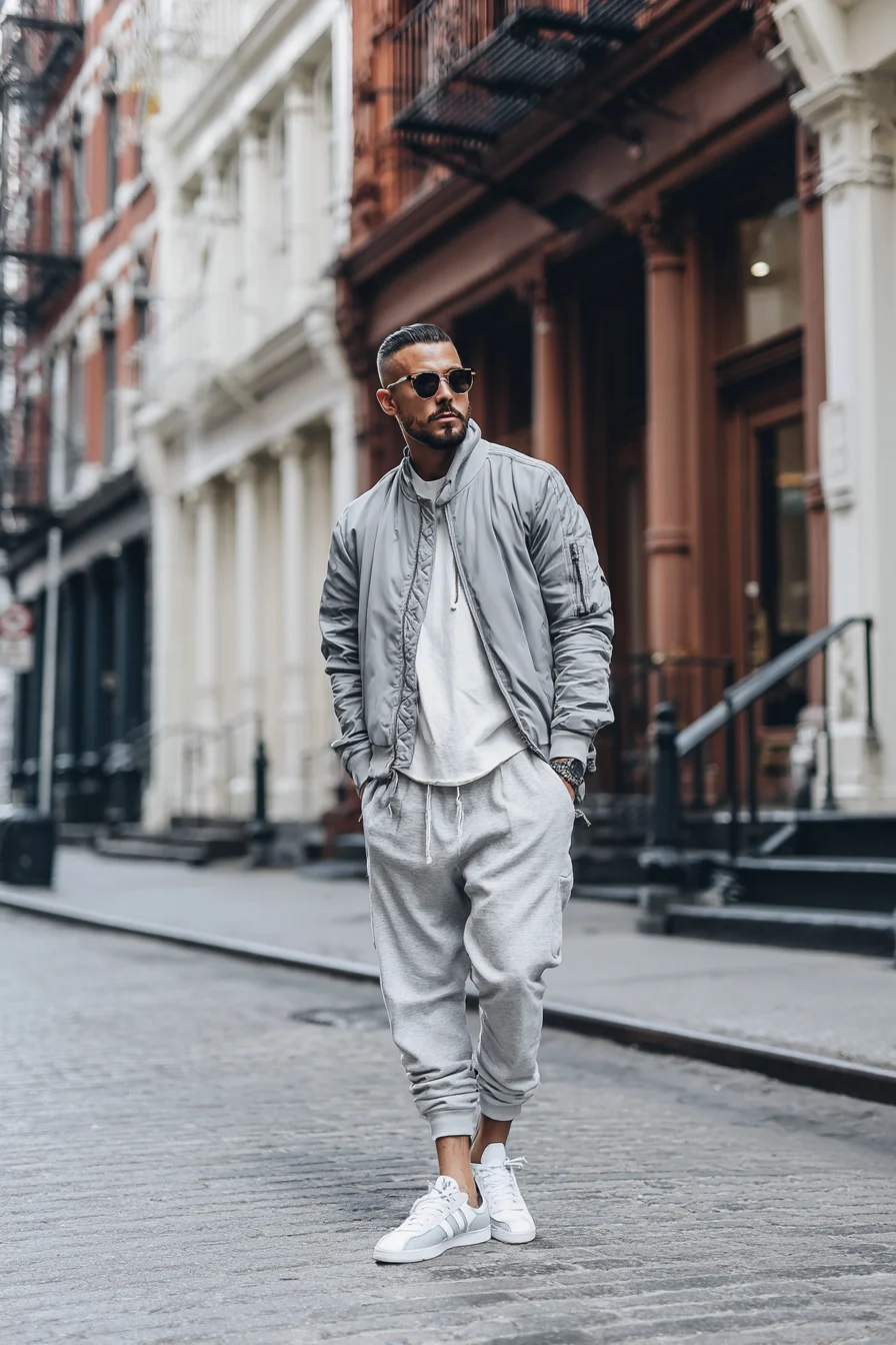 Casual Streetwear Essentials: Grey Bomber, Tapered Sweatpants & White Sneakers