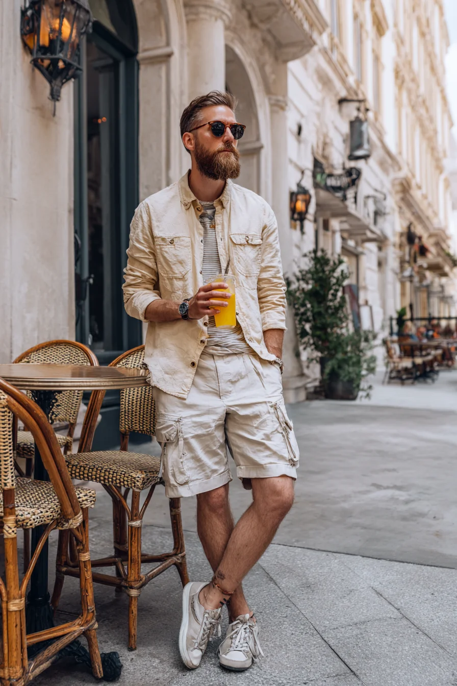 Casual Summer City Outfit — Beige Overshirt, Striped Tee & Cargo Shorts