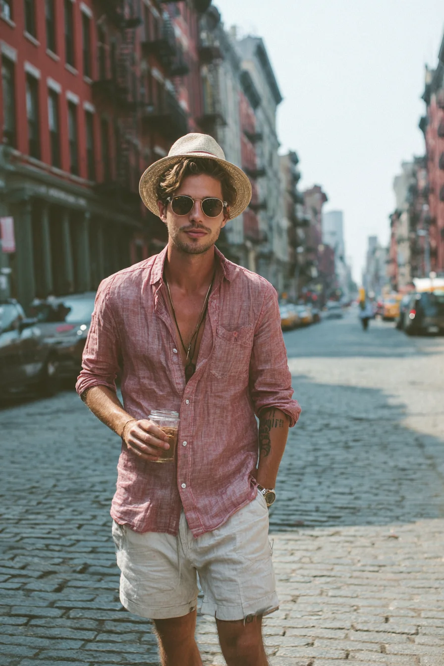 Casual Summer Linen Look: Mens Relaxed Shirt, Shorts & Straw Hat