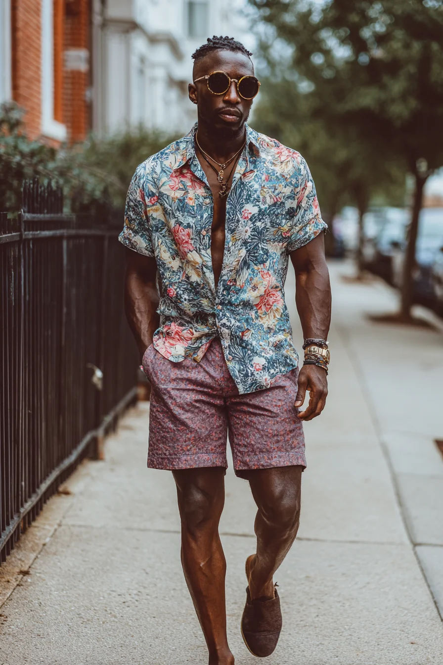 Casual Summer Look: Floral Shirt, Patterned Shorts & Suede Loafers
