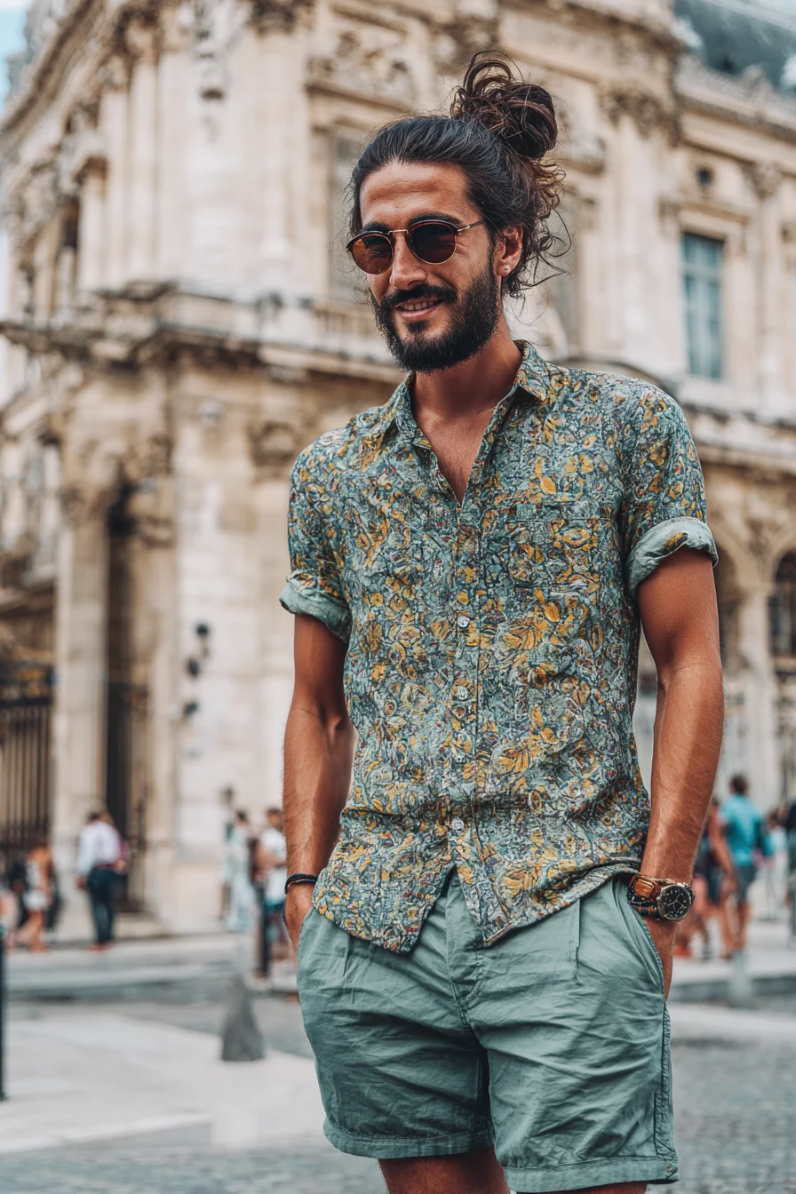 Casual Summer Men’s Look: Printed Linen Shirt with Tailored Shorts