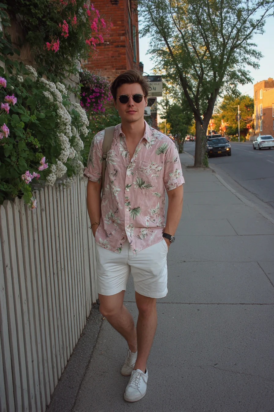 Casual Summer Men’s Outfit: Pink Floral Shirt with White Shorts & Sneakers