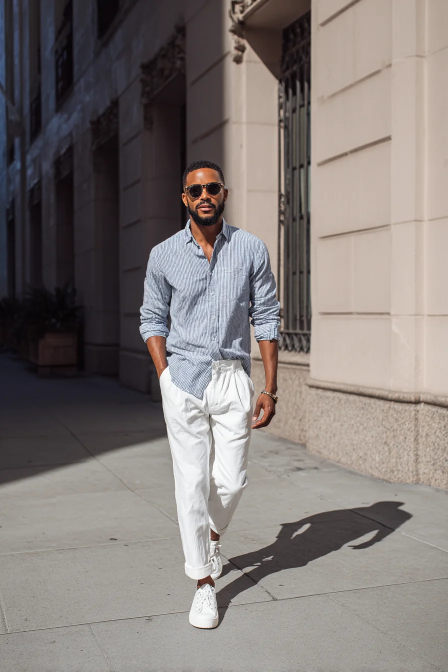 Casual Summer Mens Look: Striped Linen Shirt, White Trousers & White Sneakers