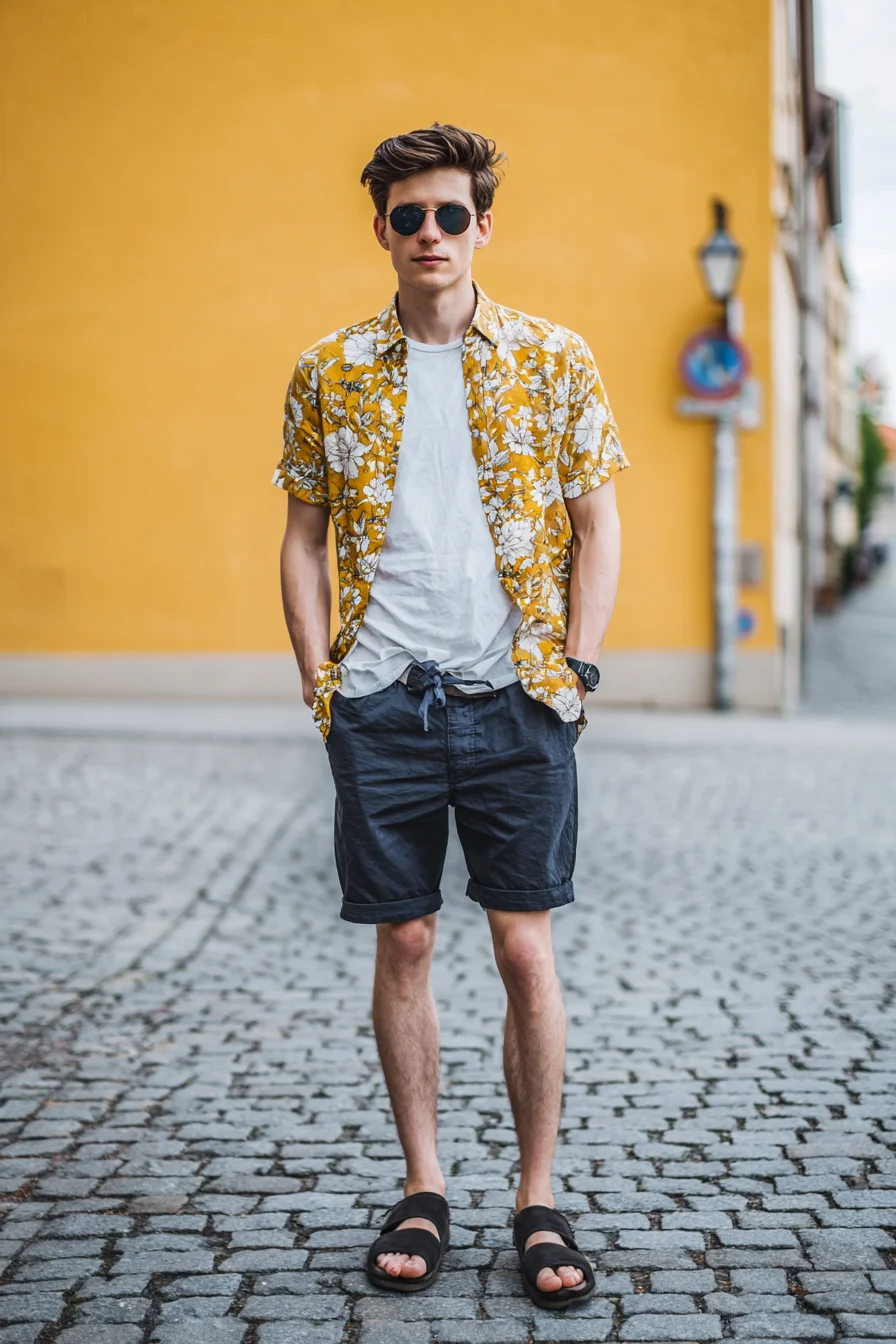 Casual Summer Mens Outfit: Floral Shirt, White Tee, Drawstring Shorts & Sandals