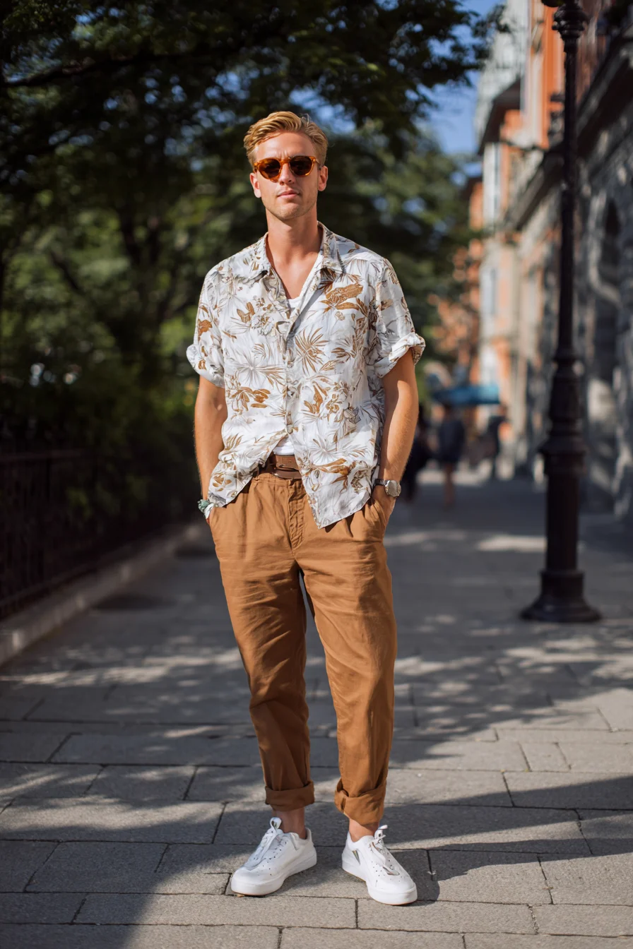 Casual Summer Mens Outfit — Printed Linen Shirt, Caramel Chinos & White Sneakers
