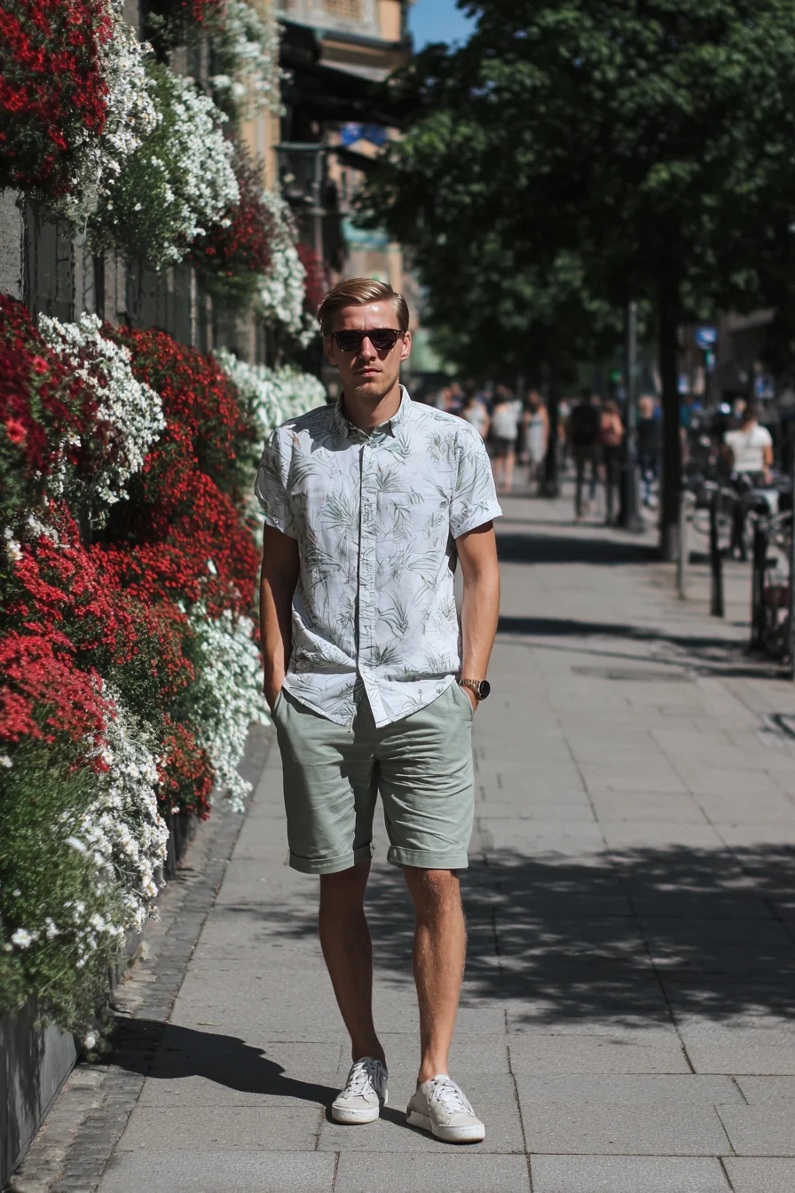 Casual Summer Mens Outfit: Printed Shirt, Sage Chino Shorts & White Sneakers