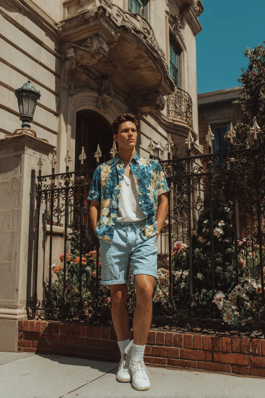 Casual Summer Outfit: Floral Hawaiian Shirt, Light Denim Shorts & White Sneakers