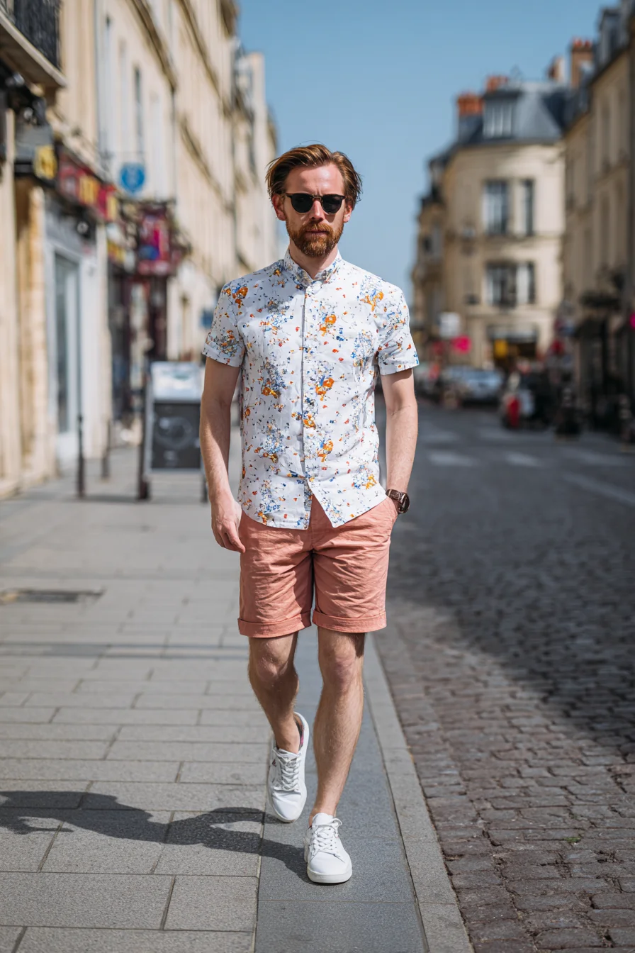 Casual Summer Outfit: Printed Short‑Sleeve Shirt with Salmon Shorts