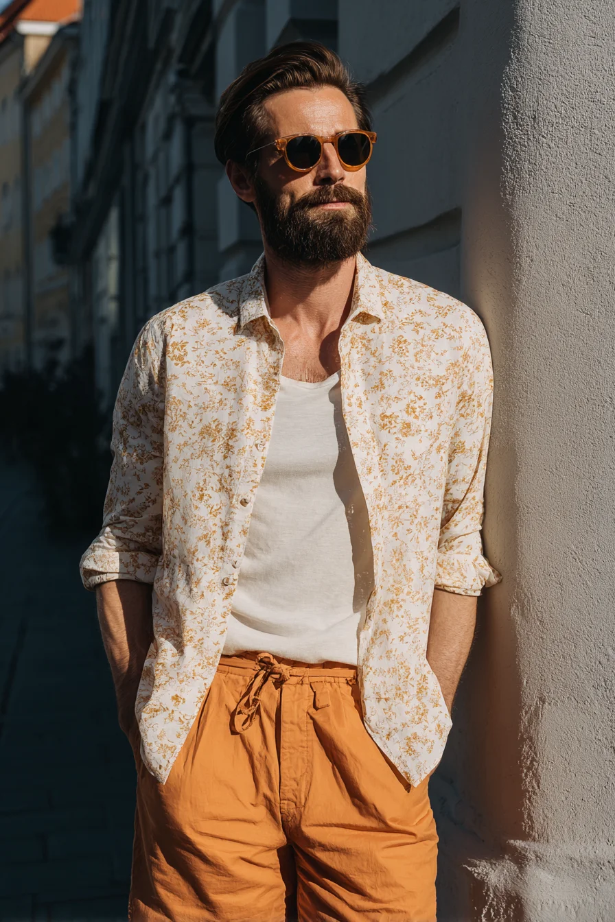 Casual Summer Style: Linen Floral Shirt, White Tank & Terracotta Drawstring Shorts