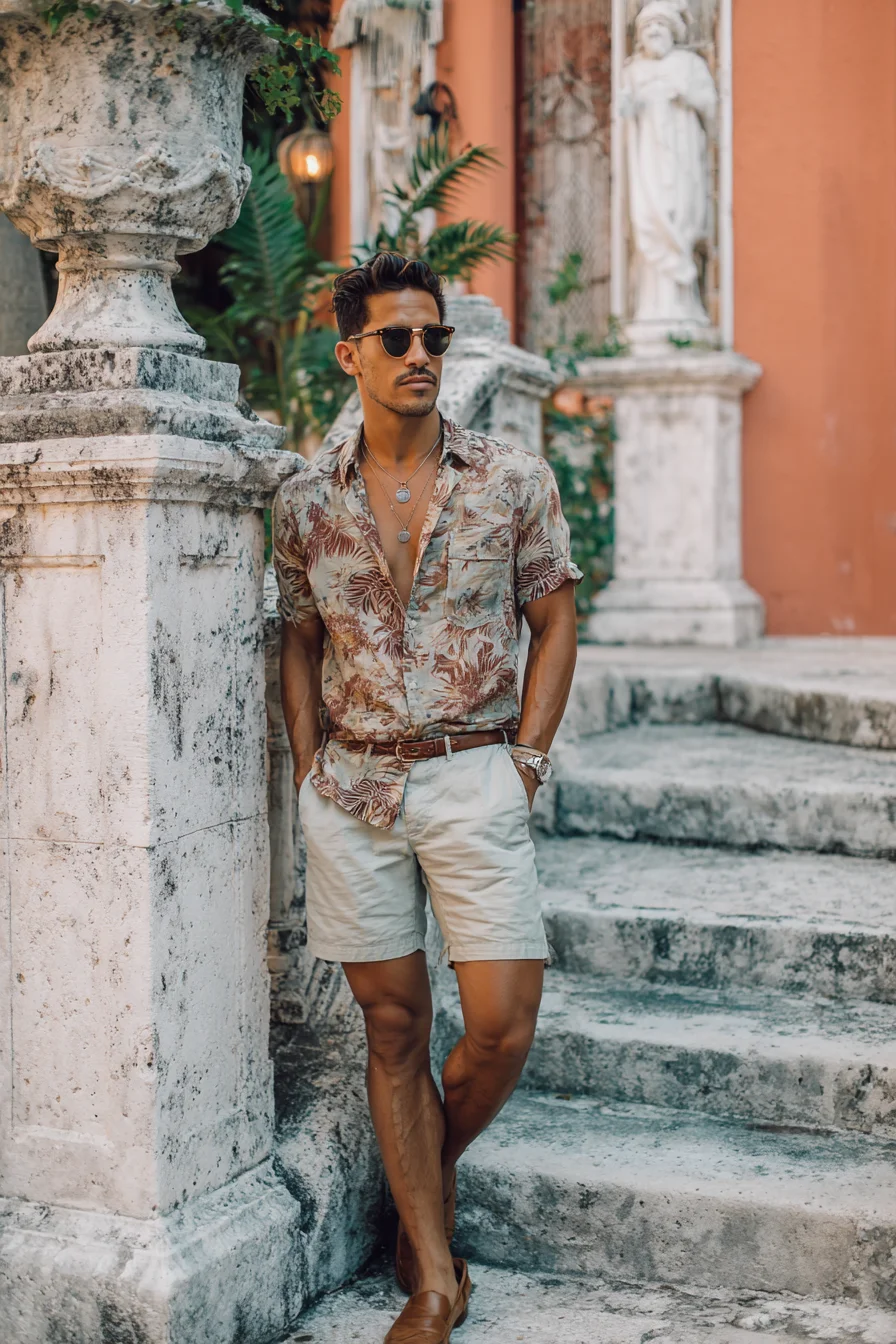 Casual Tropical Look: Printed Cuban Shirt, Chino Shorts & Leather Loafers