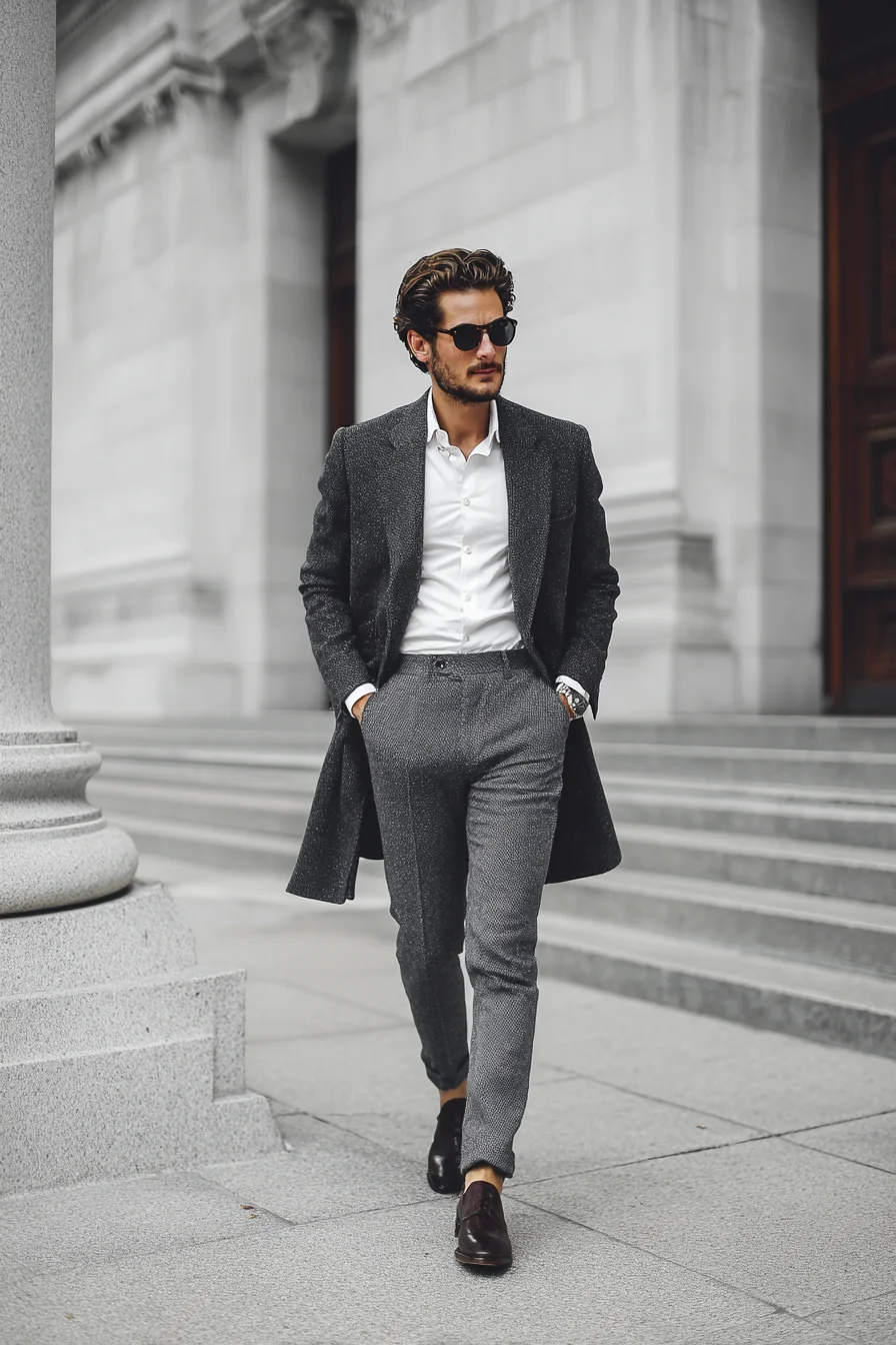 Charcoal Overcoat with Tailored Trousers — Modern Smart‑Casual Mens Outfit