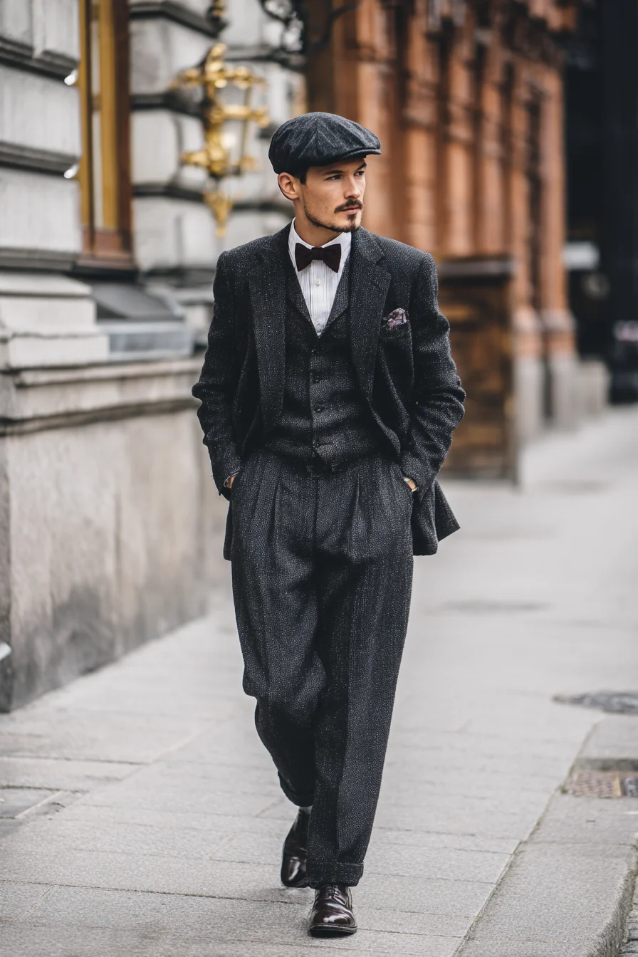 Charcoal Textured Three‑Piece Suit with Flat Cap — Timeless Men’s Styling