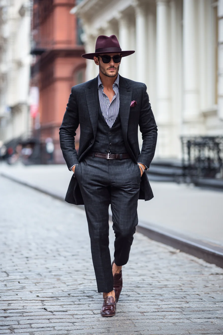 Charcoal Windowpane Three‑Piece Suit with Burgundy Accents — Modern Mens Tailoring