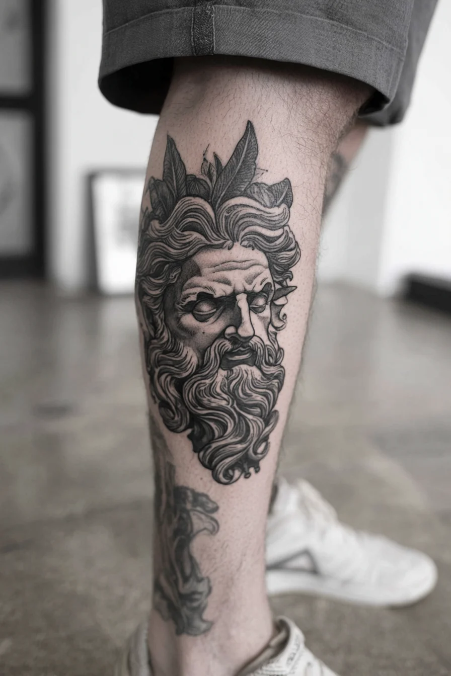 Classical Bearded Portrait — Blackwork Calf Tattoo | Mythic Head Design