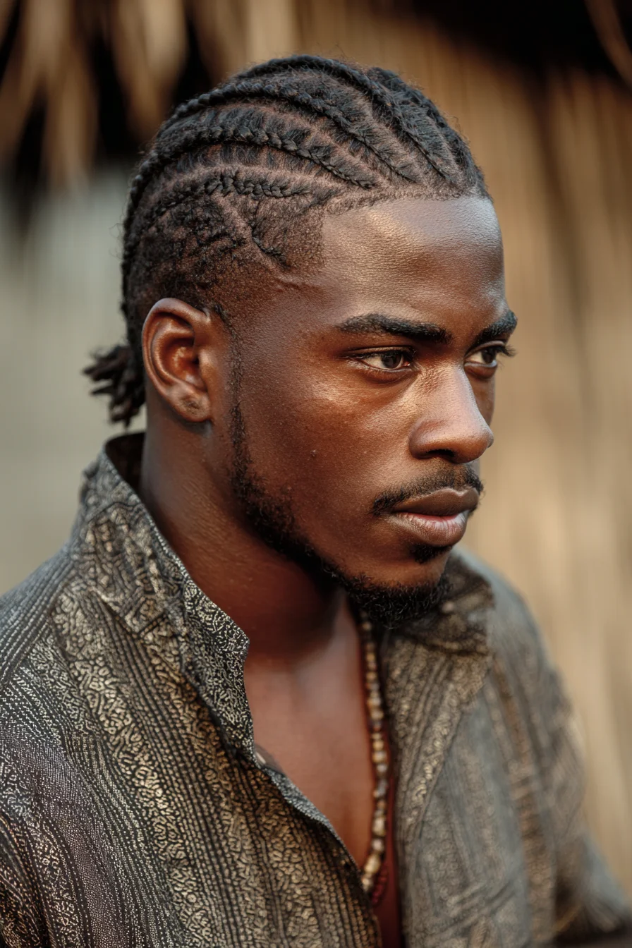 Close‑to‑Scalp Cornrows with Tied Back Ends — Mens Braided Hairstyle