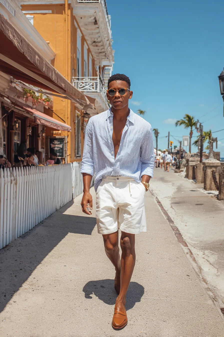 Coastal Smart-Casual: Linen-Striped Shirt with White Tailored Shorts and Tan Loafers