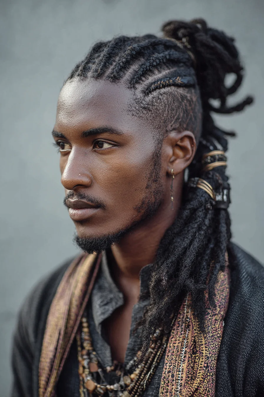 Cornrows into Dreadlocks: Mens Braided Updo with Tied-Back Locs