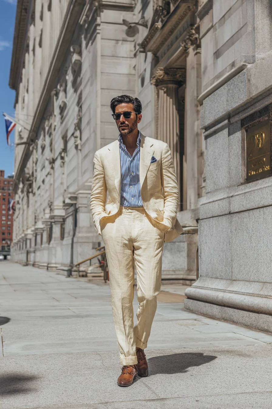 Cream Linen Suit with Blue Striped Shirt — Smart Summer & Resort Styling
