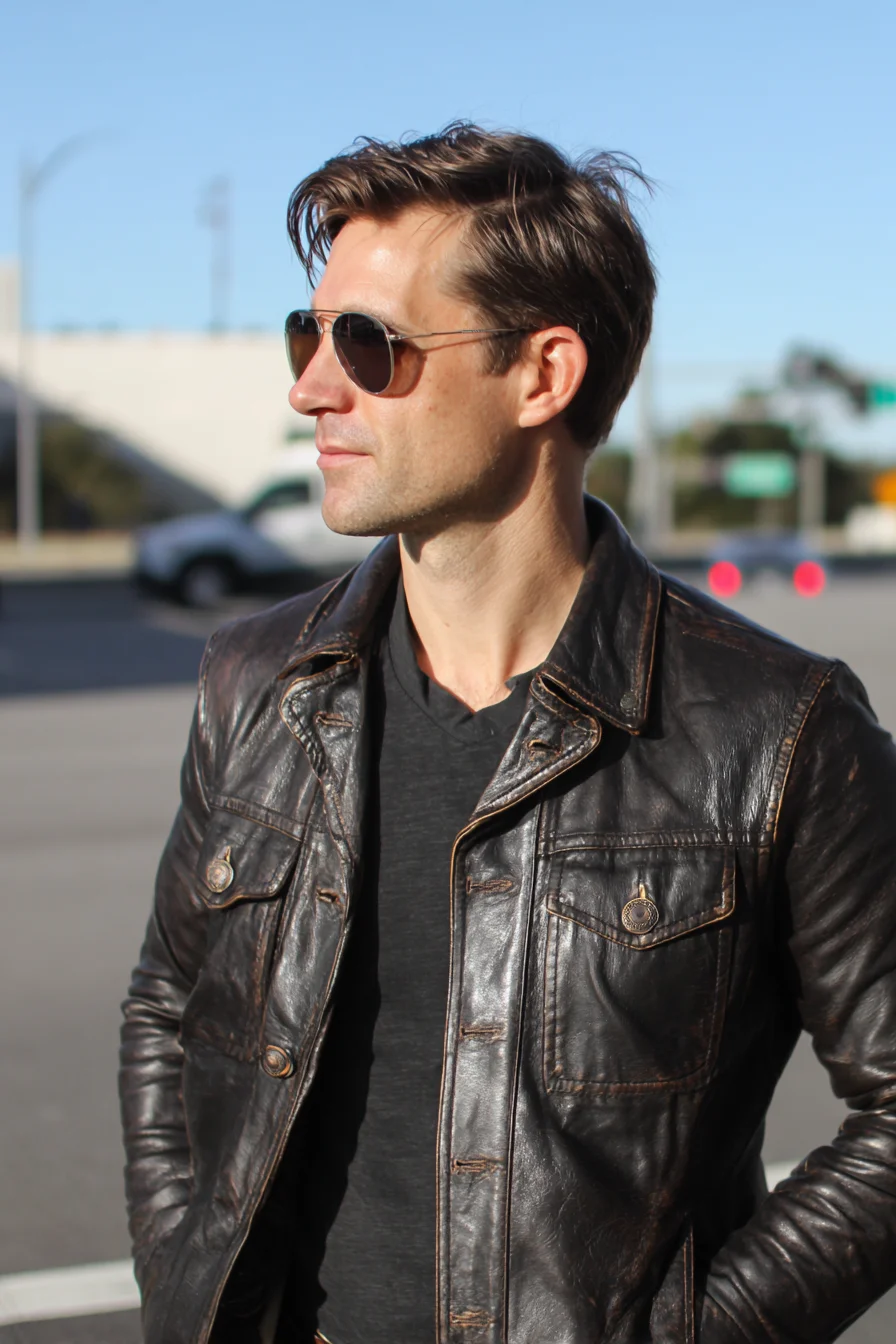 Distressed Leather Jacket & Aviators: Smart-Casual Mens Outfit