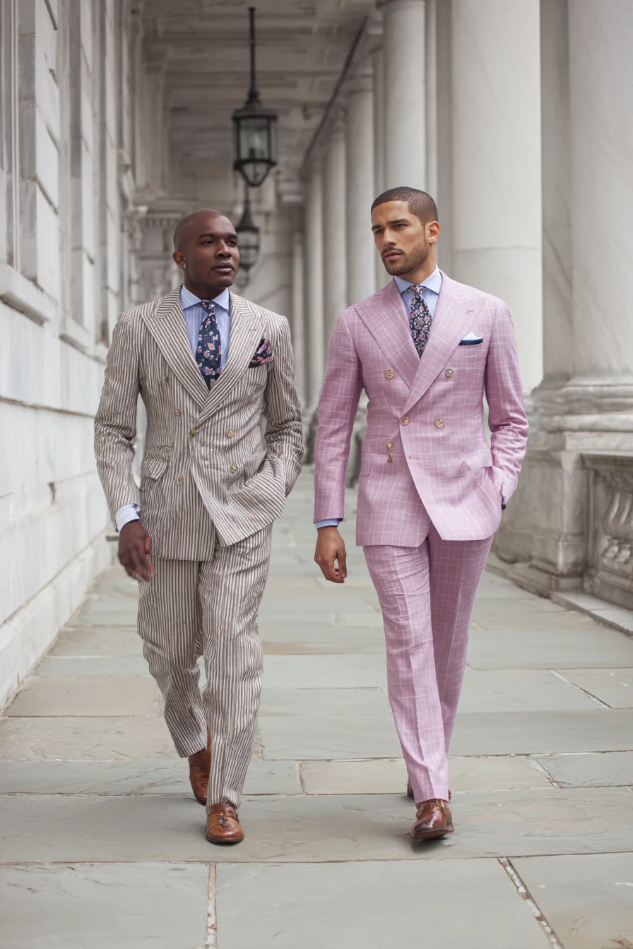 Double‑Breasted Pastel & Seersucker Suits — Modern Daytime Tailoring