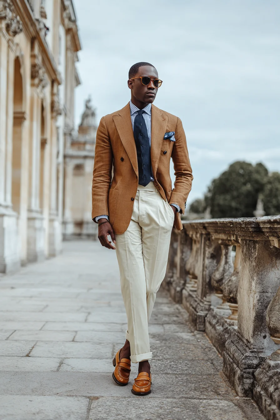 Double-Breasted Tan Blazer & Cream Trousers — Smart Casual Mens Outfit