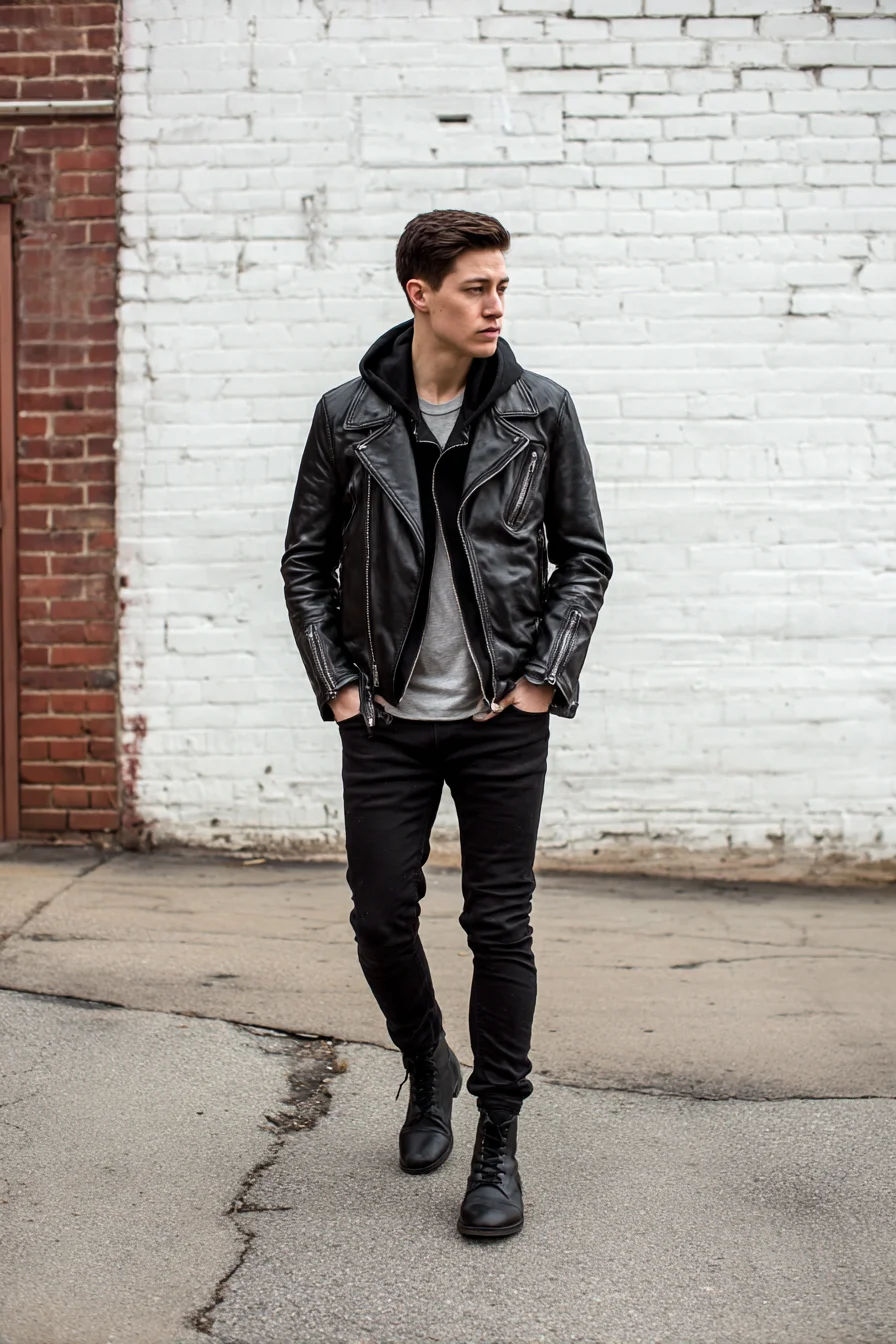 Edgy Casual: Leather Biker with Hoodie, Slim Jeans & Lace‑Up Boots