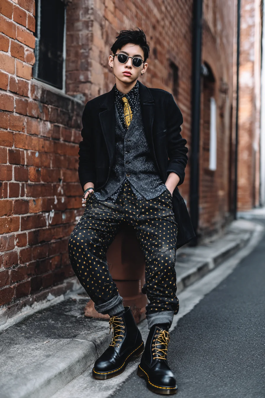 Edgy Smart-Casual Street Style: Layered Blazer, Patterned Trousers & Combat Boots