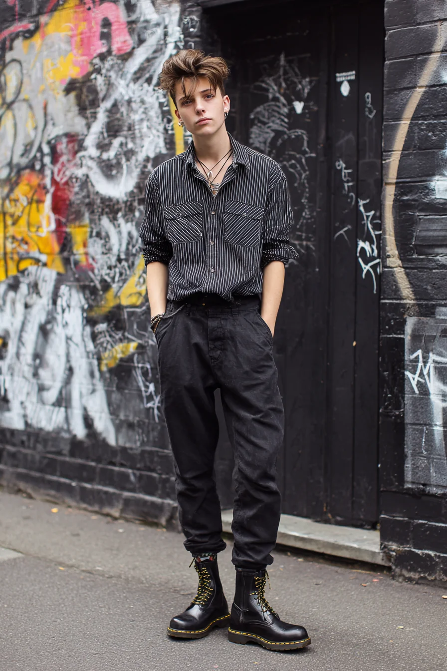 Edgy Urban Mens Outfit: Pinstripe Shirt, Tapered Trousers & Combat Boots