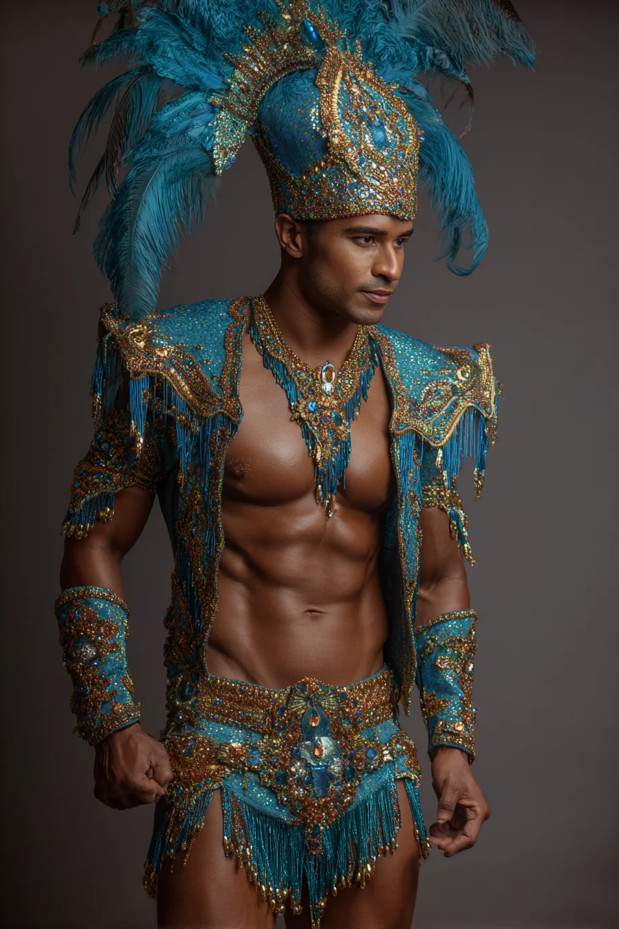 Embellished Carnival Look: Mens Statement Festival Costume in Teal & Gold
