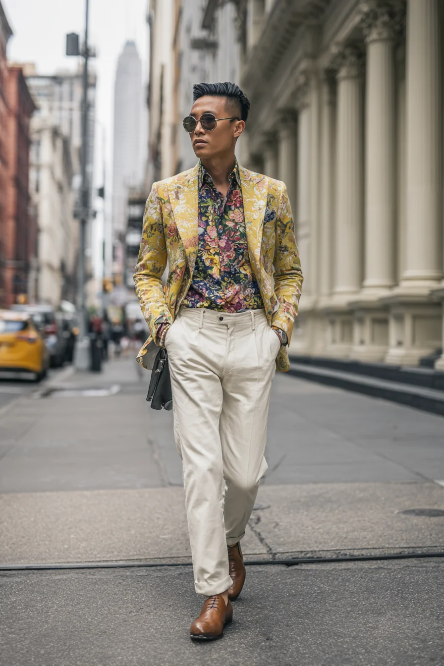 Floral Blazer & Cream Trousers — Mens Smart-Casual Styling