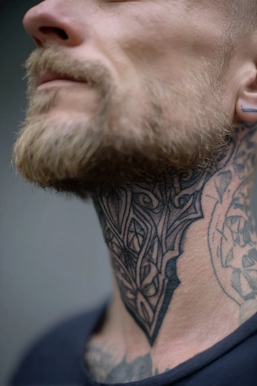 Geometric Mandala Neck Tattoo — Blackwork Neckpiece for Men
