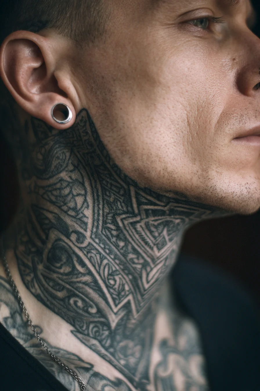 Geometric Tribal Neck Tattoo — Blackwork Mandala, Full or Half-Neck Options