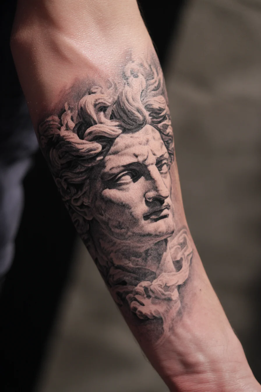 Greco-Roman Bust Forearm Tattoo — Black & Grey Realism
