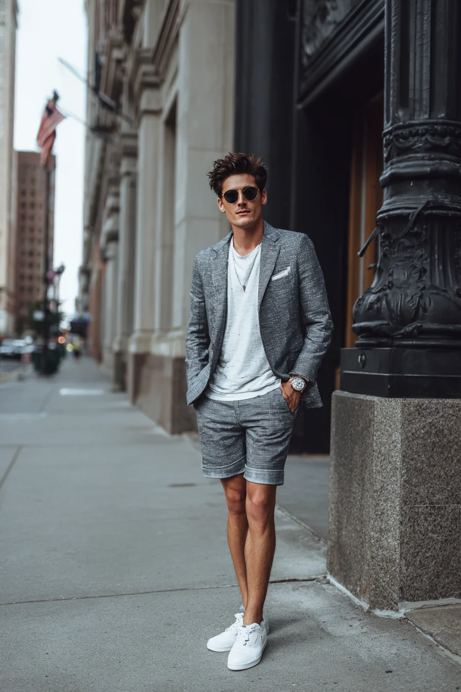 Grey Blazer and Tailored Shorts with White Sneakers — Modern Smart-Casual
