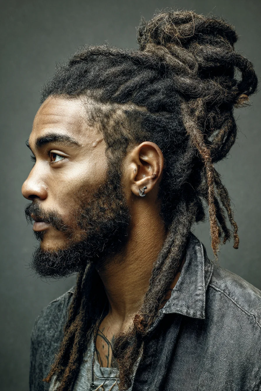 High Messy Dreadlock Bun for Men — Natural Textured Top Knot