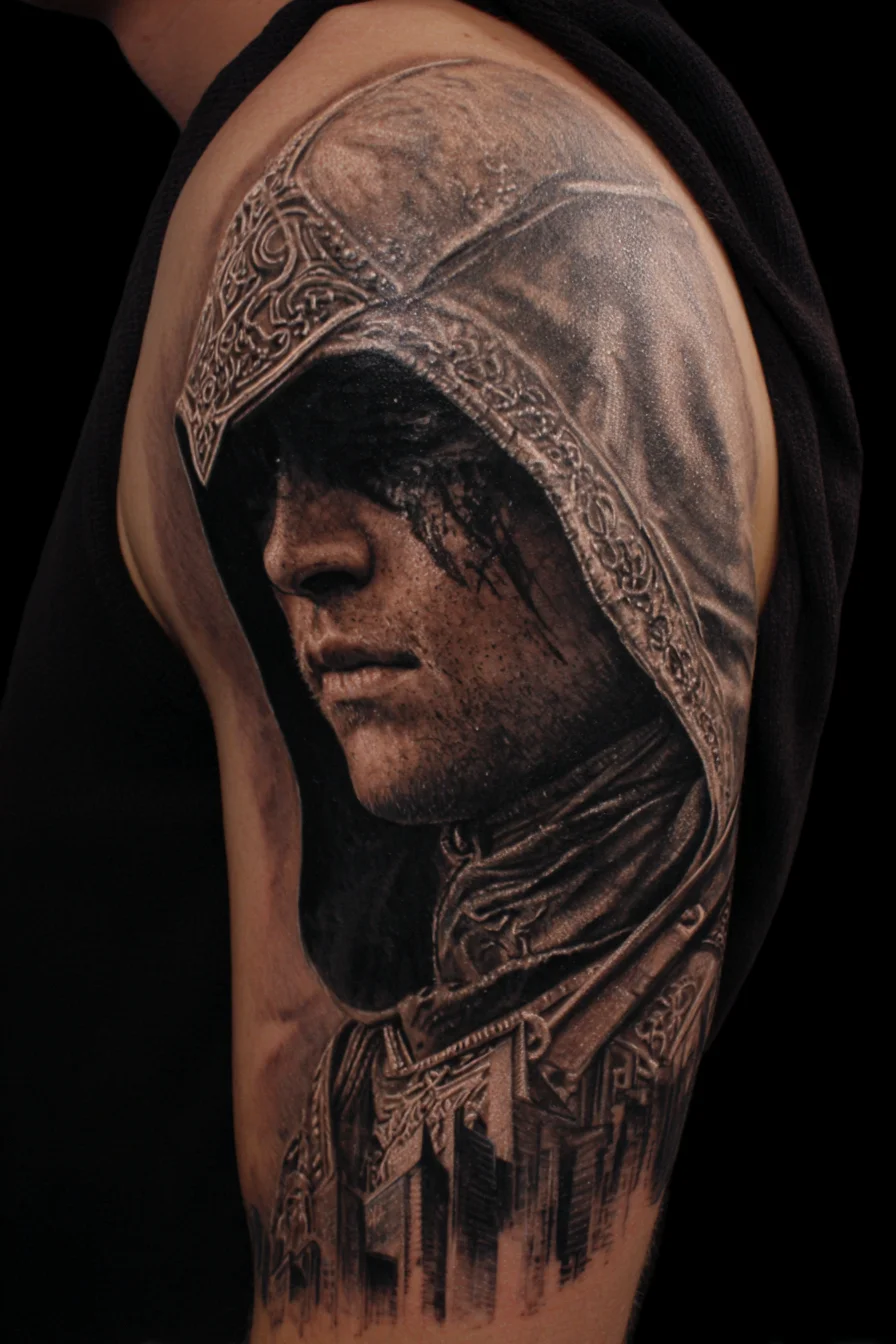 Hooded Warrior Portrait — Black & Grey Realism Upper-Arm Tattoo