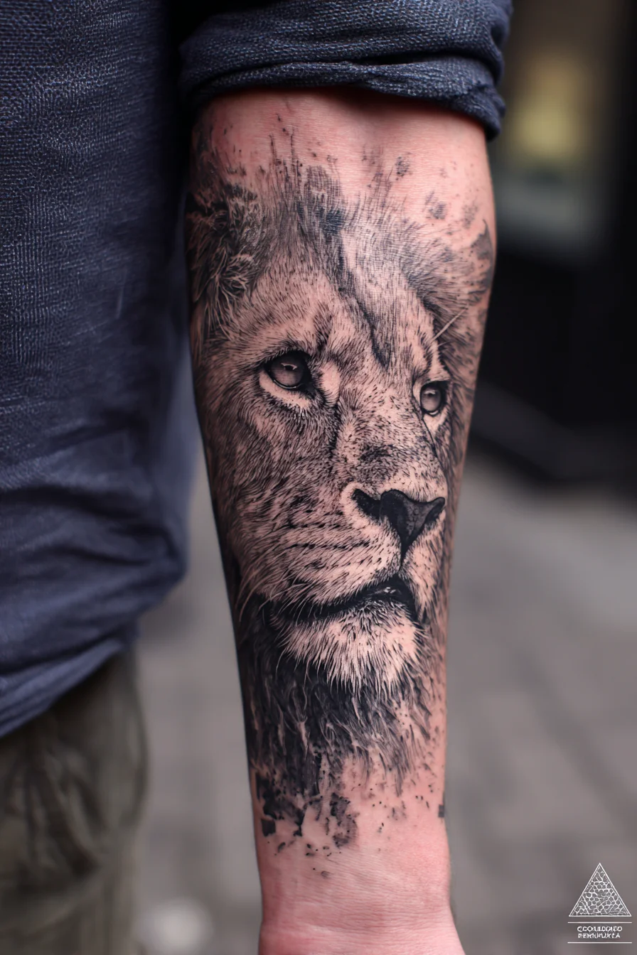 Inner Forearm Realistic Lion Tattoo — Black & Grey Portrait