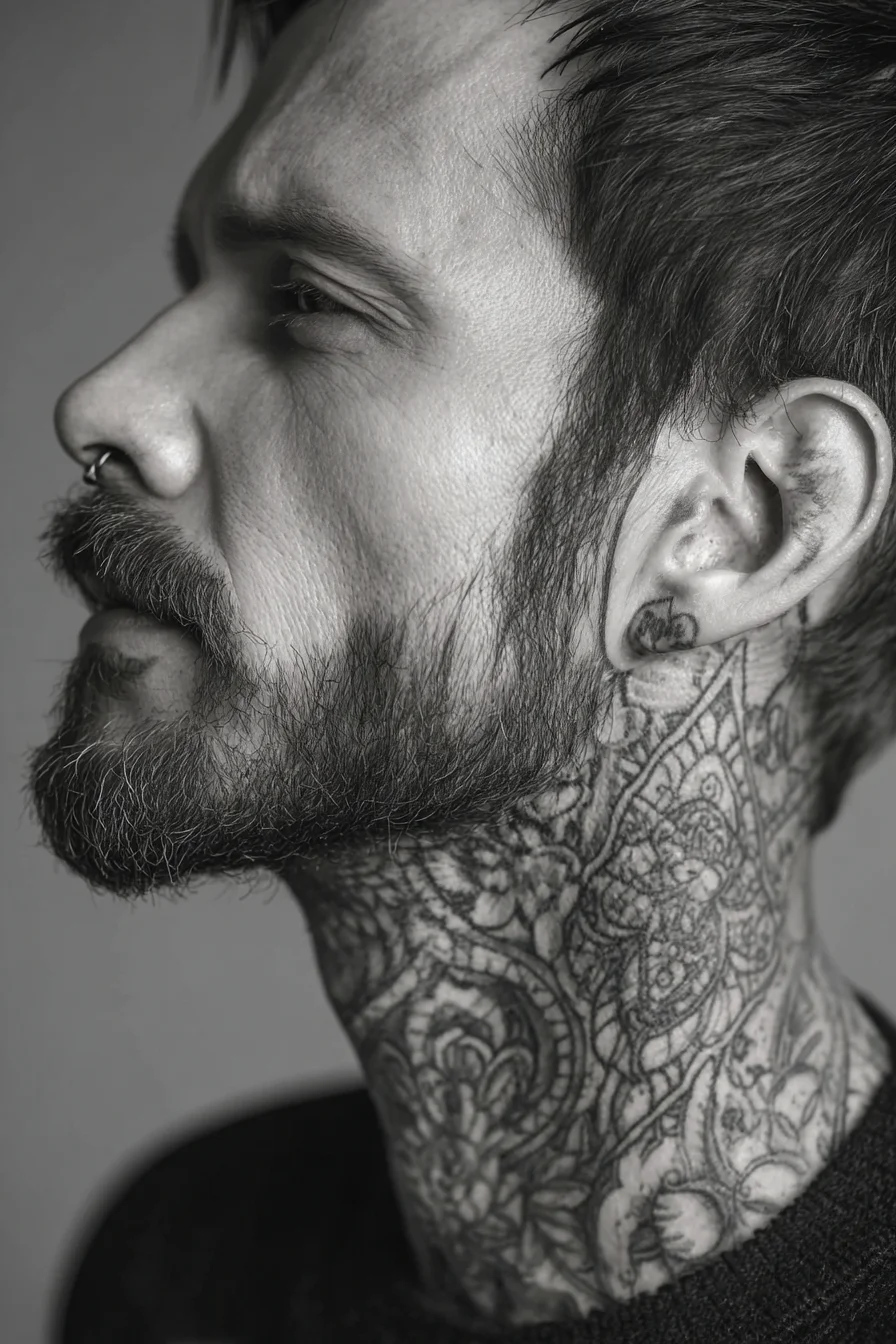 Intricate Blackwork Neck Mandala — Masculine Neck Tattoo Design