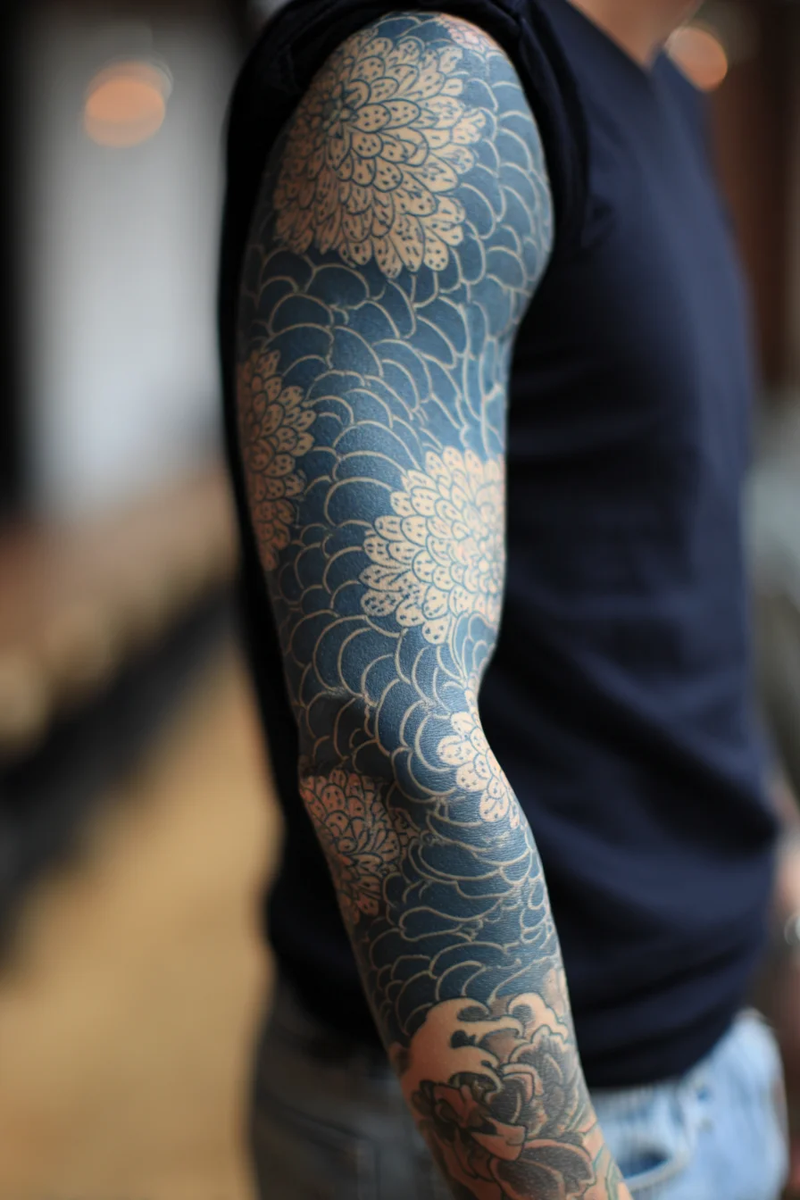 Japanese Chrysanthemum Full Sleeve Tattoo — Bold Blackwork Floral Sleeve