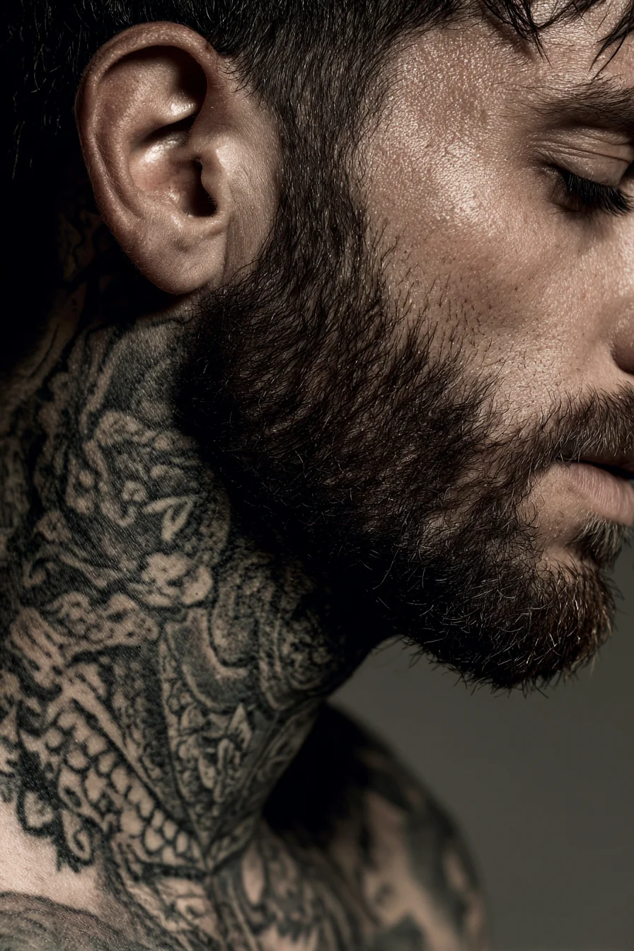 Japanese Dragon/Oni Blackwork Neck Tattoo — Bold Mens Neck Wrap